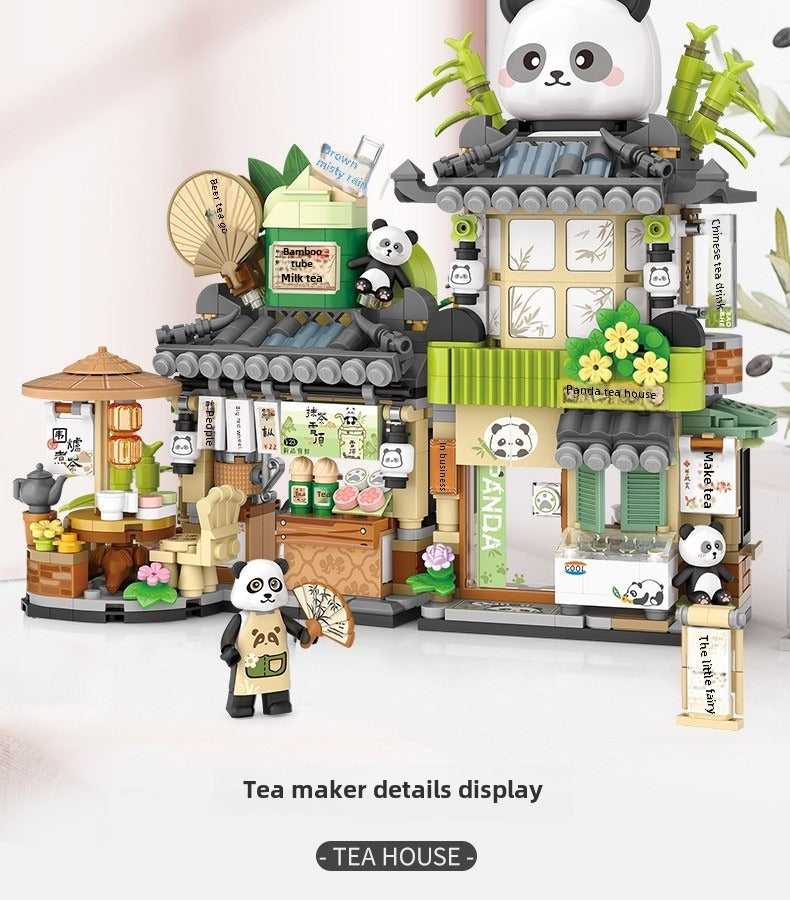 Building Blocks Panda Tea House Small Particle Building Blocks Bear Coffee Puzzle Assembling Building Blocks Gift