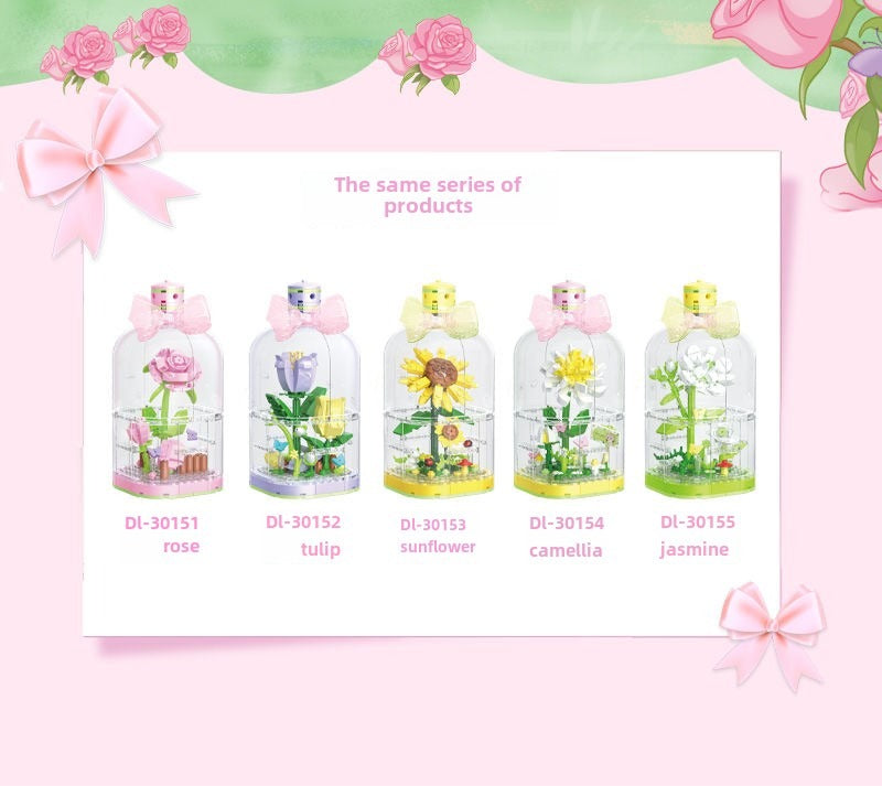 Building Blocks Flower Rose Potted Tulip Bouquet Gift Assembled Dust Cover Preserved Fresh Flower