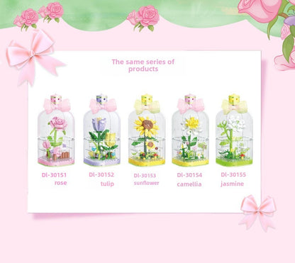 Building Blocks Flower Rose Potted Tulip Bouquet Gift Assembled Dust Cover Preserved Fresh Flower