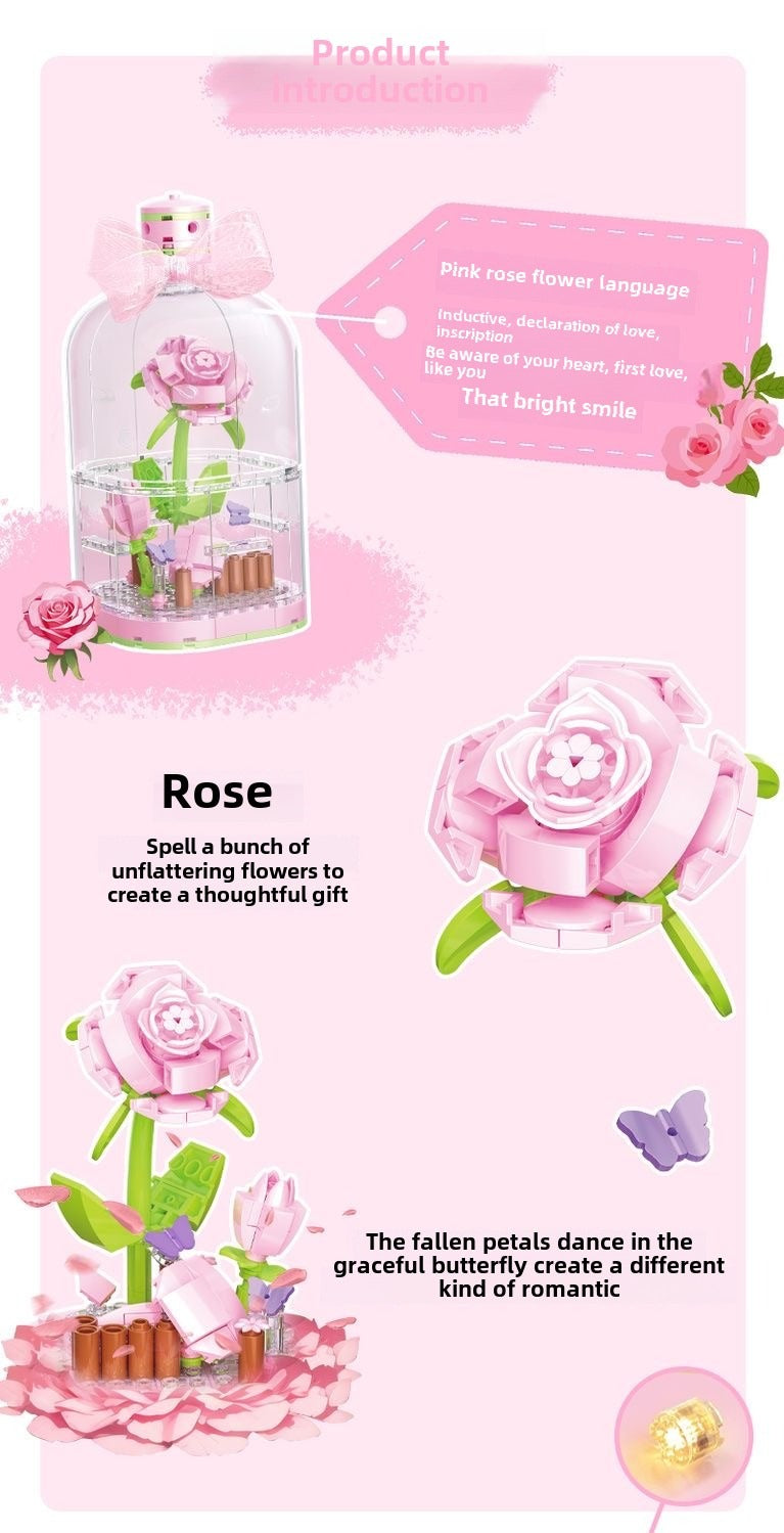 Building Blocks Flower Rose Potted Tulip Bouquet Gift Assembled Dust Cover Preserved Fresh Flower