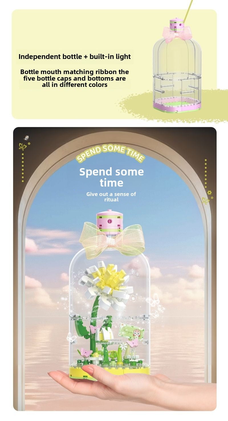 Building Blocks Flower Rose Potted Tulip Bouquet Gift Assembled Dust Cover Preserved Fresh Flower
