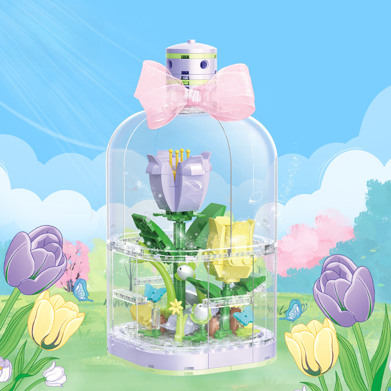 Building Blocks Flower Rose Potted Tulip Bouquet Gift Assembled Dust Cover Preserved Fresh Flower 30152 Tulip [193pcs]]