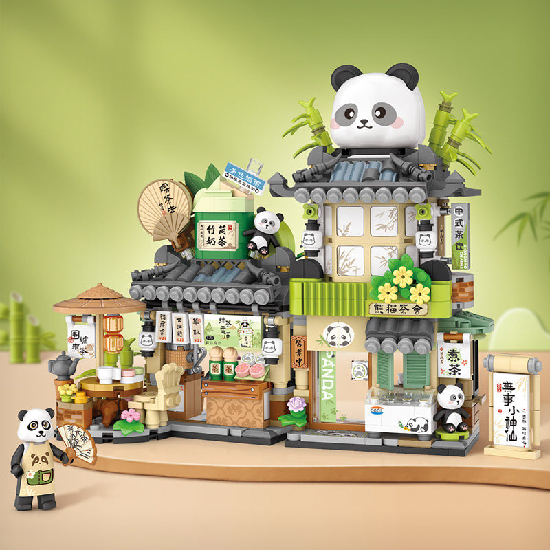 Building Blocks Panda Tea House Small Particle Building Blocks Bear Coffee Puzzle Assembling Building Blocks Gift