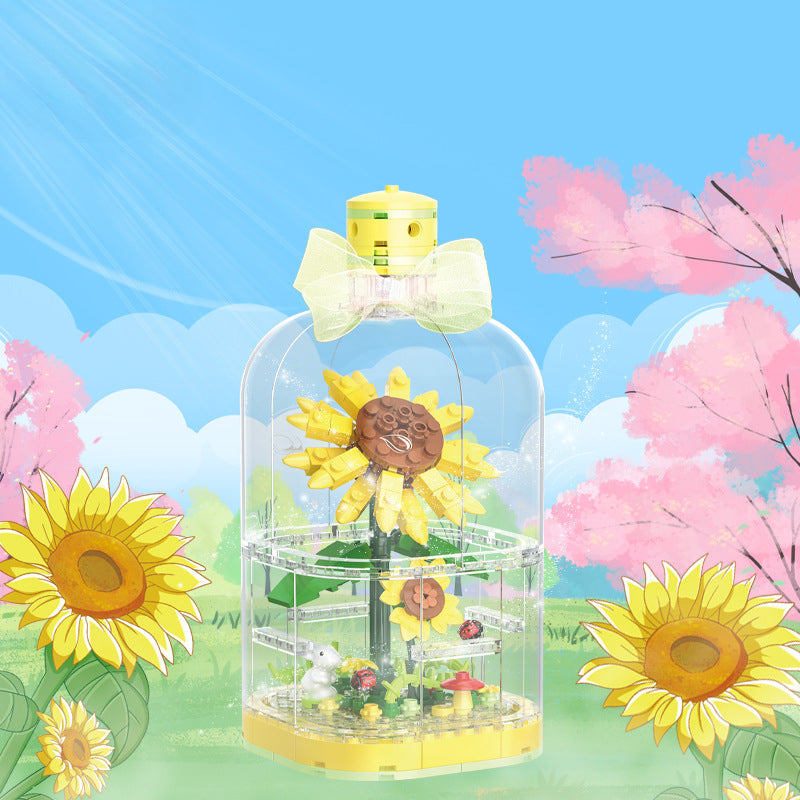 Building Blocks Flower Rose Potted Tulip Bouquet Gift Assembled Dust Cover Preserved Fresh Flower 30153 Sunflower [182pcs]]