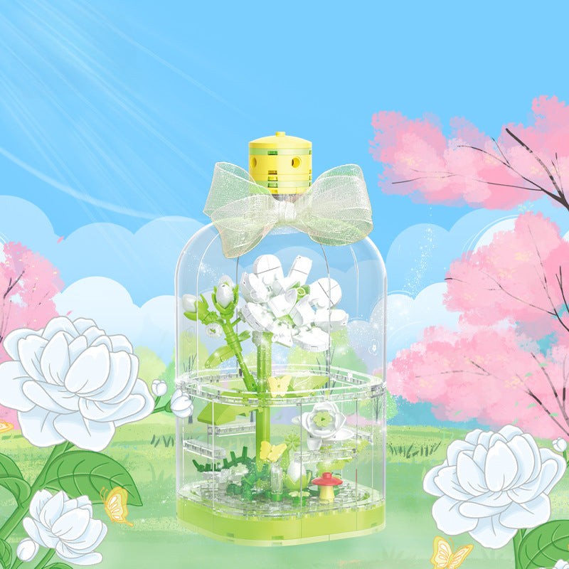 Building Blocks Flower Rose Potted Tulip Bouquet Gift Assembled Dust Cover Preserved Fresh Flower 30155 Jasmine Flower [190pcs]]