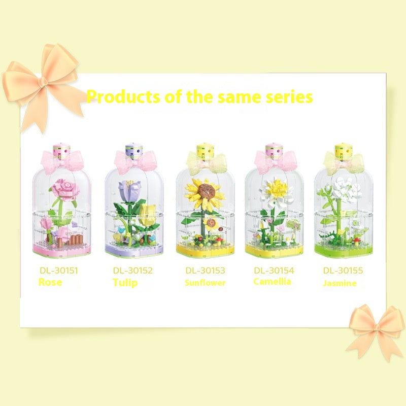 Building Blocks Flower Rose Potted Tulip Bouquet Gift Assembled Dust Cover Preserved Fresh Flower